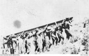 Gallipoli, 1915. Maori Taking Girder Up Hill At Anzac. (Collection A.D. Hood, Donor J. Borstel) P01116.033